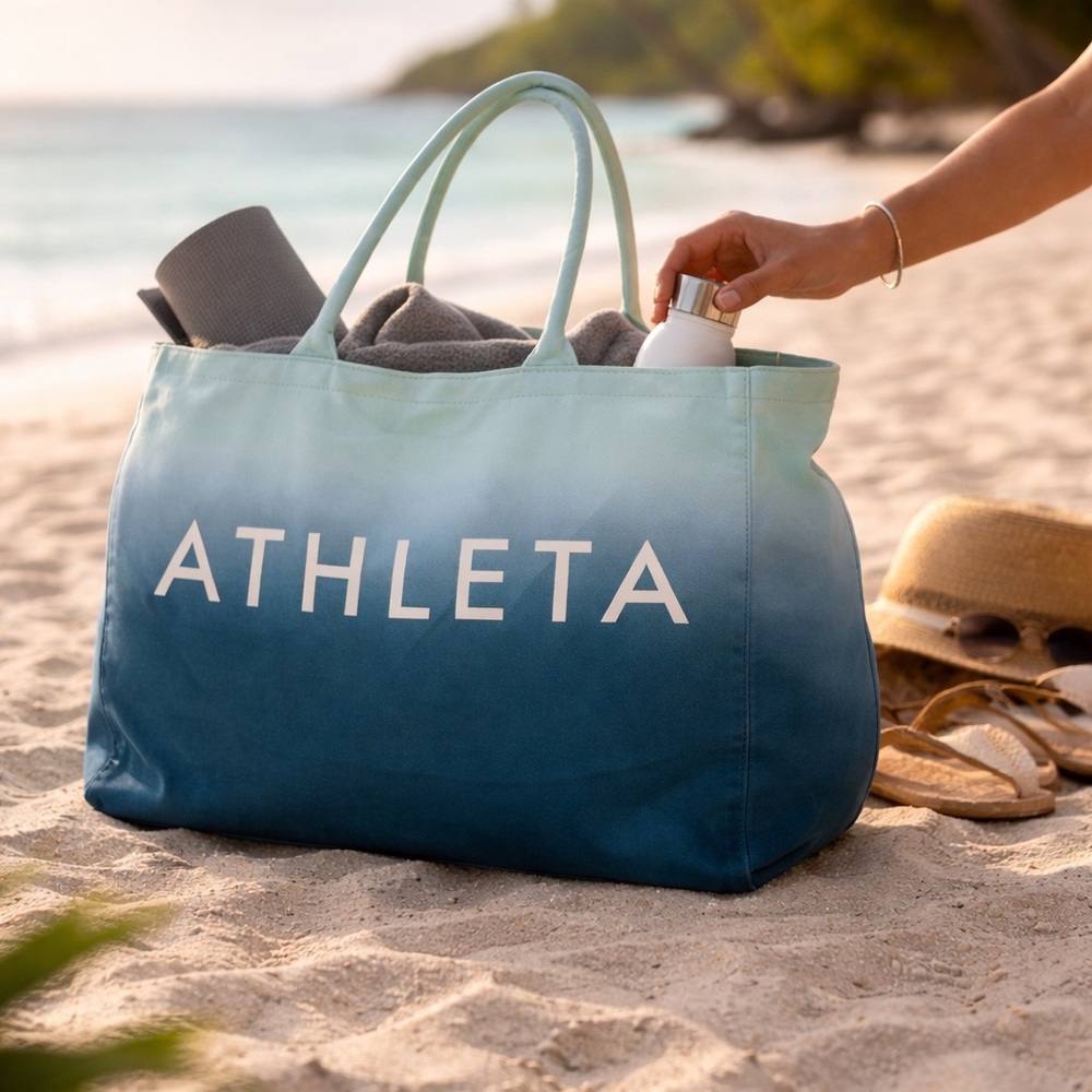 Athleta Oversized Tote Bag Blue Ombre Canvas Beach Gym Travel Bag